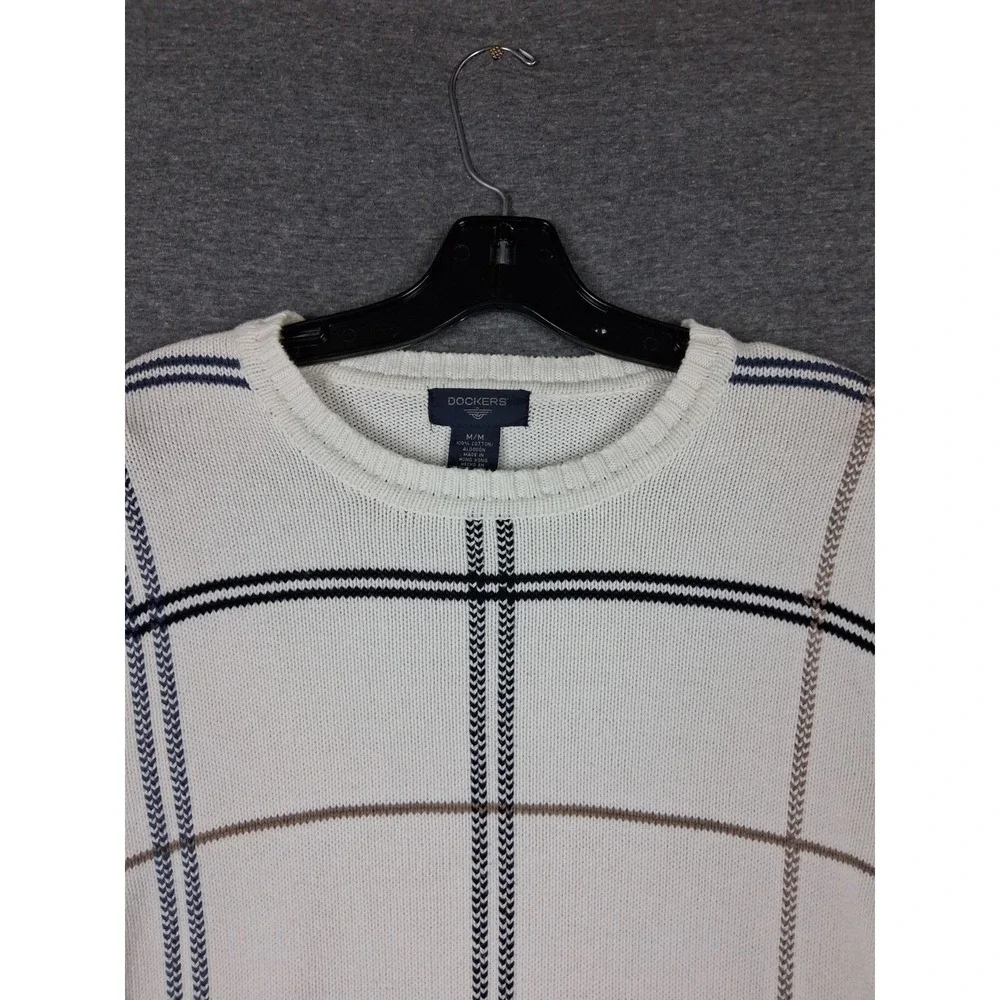 Dockers Mens Sweater Medium White Windowpane Plaid Cotton Pullover Classic 90s